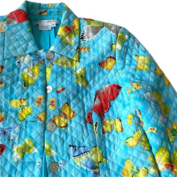 Maggy London Quilted Butterfly Jacket Silk Lined Aqua Button Vintage 1990s 4 EUC - Picture 8 of 14